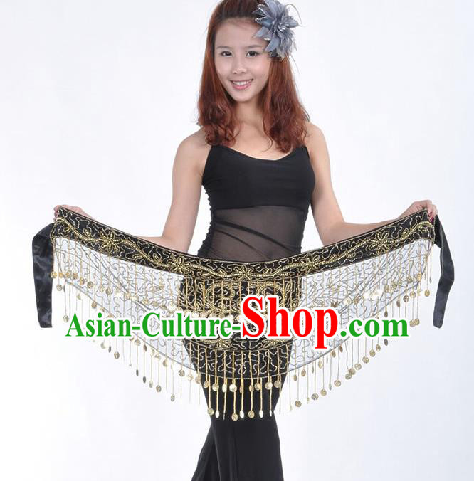 Asian Indian Belly Dance Paillette Black Buttocks Scarf Tassel Waistband India Raks Sharki Belts for Women