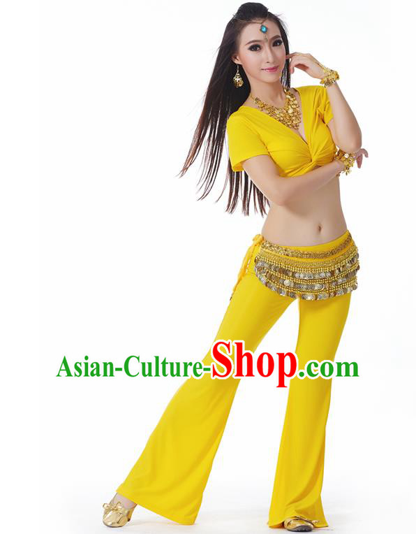 Asian Indian Belly Dance Costume Stage Performance Yoga Yellow Outfits, India Raks Sharki Dress for Women