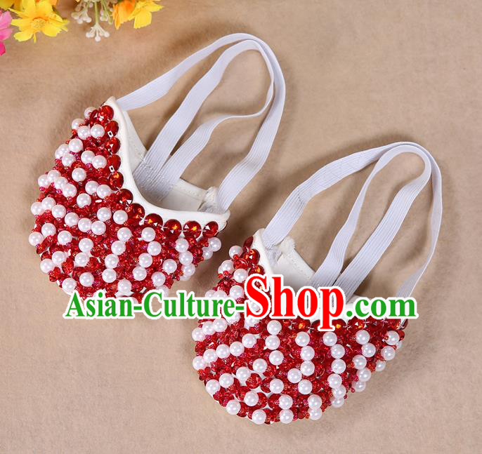 Asian Indian Belly Dance Shoes India Traditional Dance Red Beads Soft Shoes for for Women