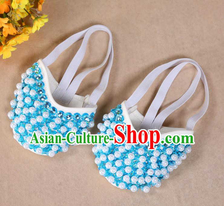 Asian Indian Belly Dance Shoes India Traditional Dance Light Blue Beads Soft Shoes for for Women