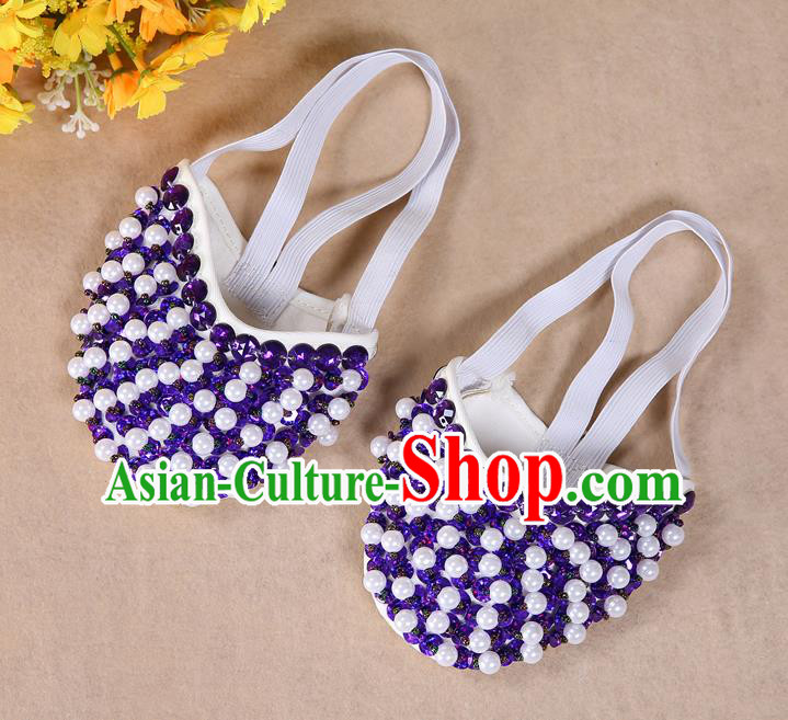 Asian Indian Belly Dance Shoes India Traditional Dance Purple Beads Soft Shoes for for Women