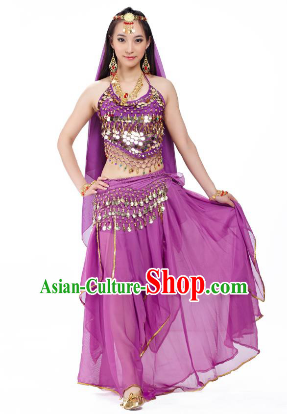Asian Indian Belly Dance Purple Costume Stage Performance Outfits, India Raks Sharki Dress for Women