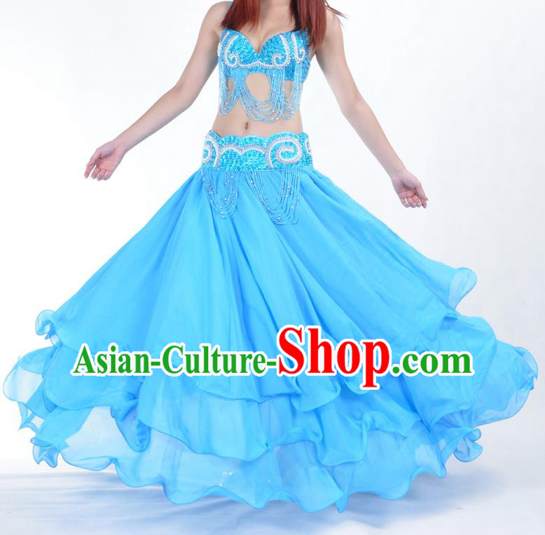 Asian Indian Belly Dance Costume Stage Performance Blue Expansion Skirt, India Raks Sharki Dress for Women