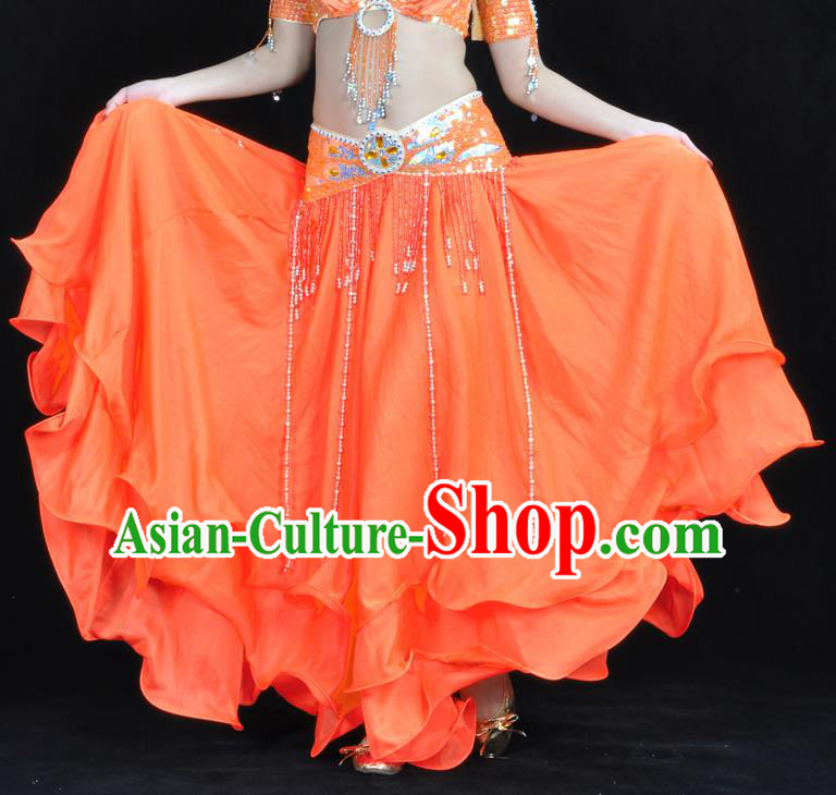 Asian Indian Belly Dance Costume Stage Performance Orange Expansion Skirt, India Raks Sharki Dress for Women