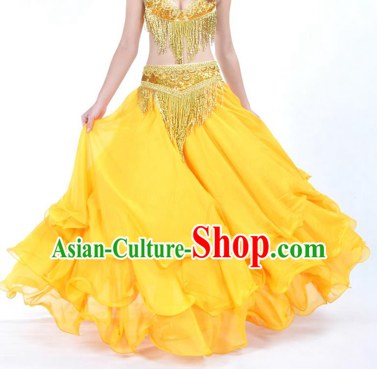 Asian Indian Belly Dance Costume Stage Performance Yellow Expansion Skirt, India Raks Sharki Dress for Women