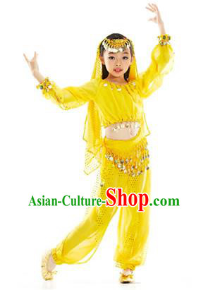 Asian Indian Belly Dance Uniform India Raks Sharki Dress Oriental Dance Yellow Clothing for Kids