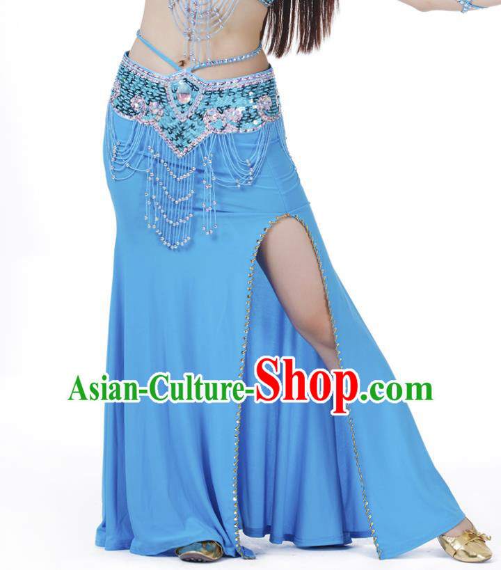 Top Indian Belly Dance Costume Blue Split Skirt, India Raks Sharki Clothing for Women