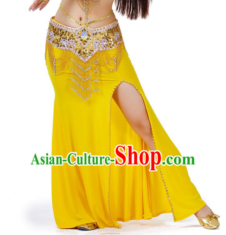 Top Indian Belly Dance Costume Yellow Split Skirt, India Raks Sharki Clothing for Women