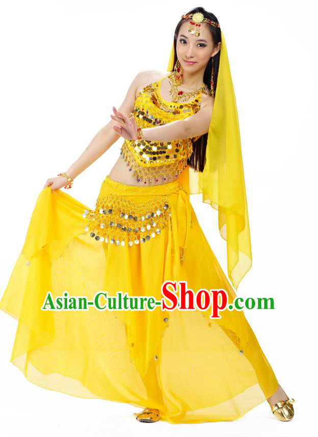 Top Indian Belly Dance Costume Oriental Dance Yellow Dress, India Raks Sharki Clothing for Women