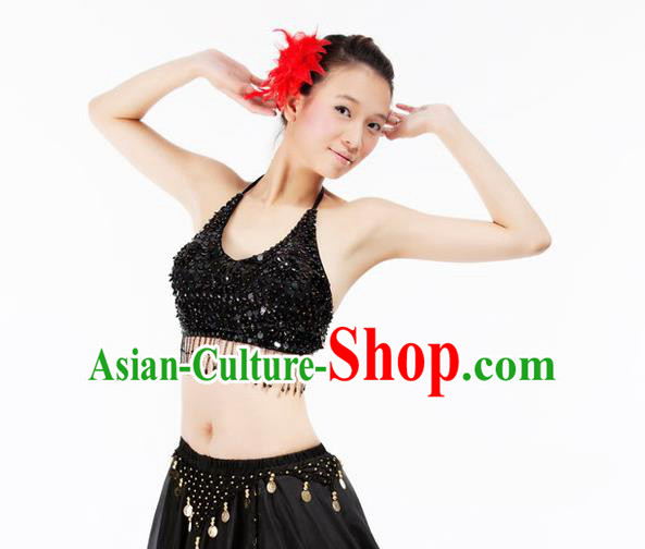 Top Indian Bollywood Belly Dance Costume Oriental Dance Black Paillette Brassiere for Women