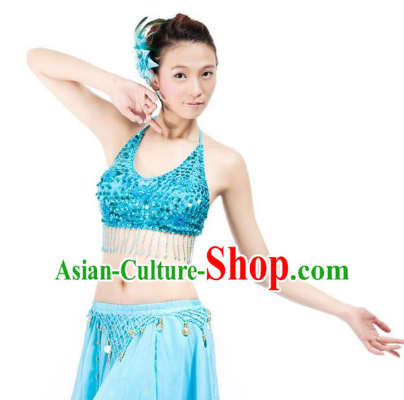 Top Indian Bollywood Belly Dance Costume Oriental Dance Blue Paillette Brassiere for Women