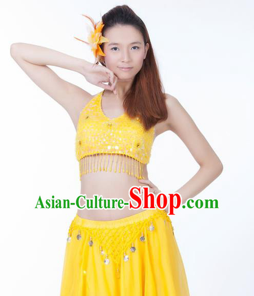 Top Indian Bollywood Belly Dance Costume Oriental Dance Yellow Paillette Brassiere for Women