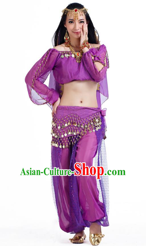 Top Indian Bollywood Belly Dance Purple Costume Oriental Dance Stage Performance Clothing for Women