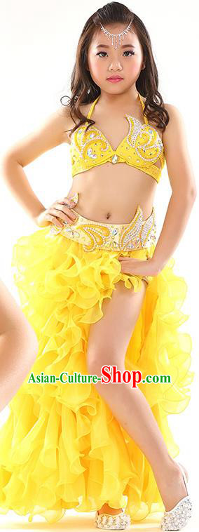 Top Indian Belly Dance Costume Bollywood Oriental Dance Stage Performance Yellow Dress for Kids
