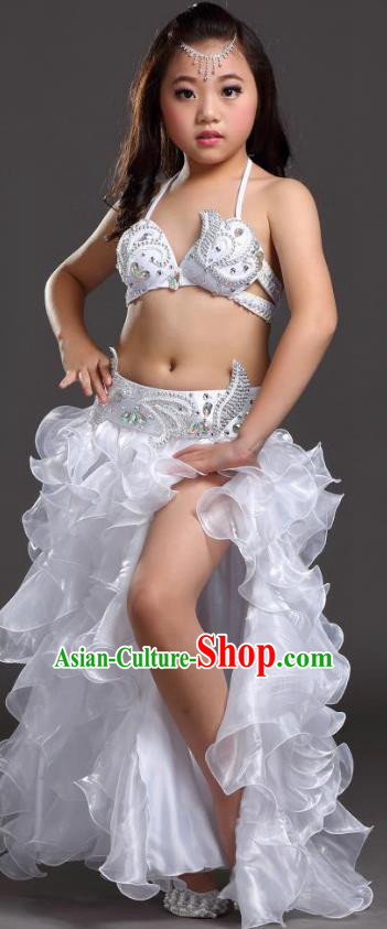 Top Indian Belly Dance Costume Bollywood Oriental Dance Stage Performance White Dress for Kids