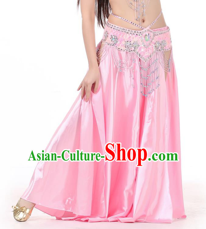 Indian Belly Dance Costume Bollywood Oriental Dance Pink Satin Skirt for Women