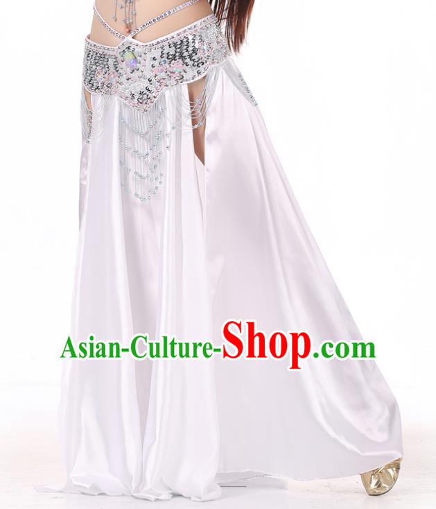 Indian Belly Dance Costume Bollywood Oriental Dance White Satin Skirt for Women