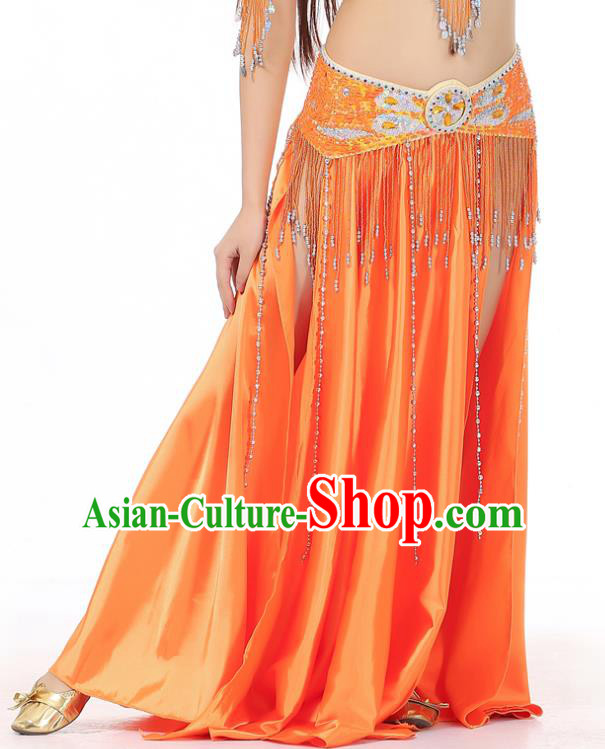 Indian Belly Dance Costume Bollywood Oriental Dance Orange Satin Skirt for Women