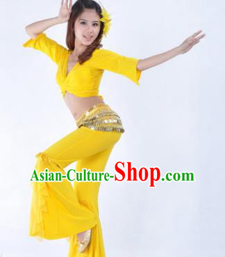 Indian Traditional Belly Dance Yellow Uniform Asian India Oriental Dance Costume for Women