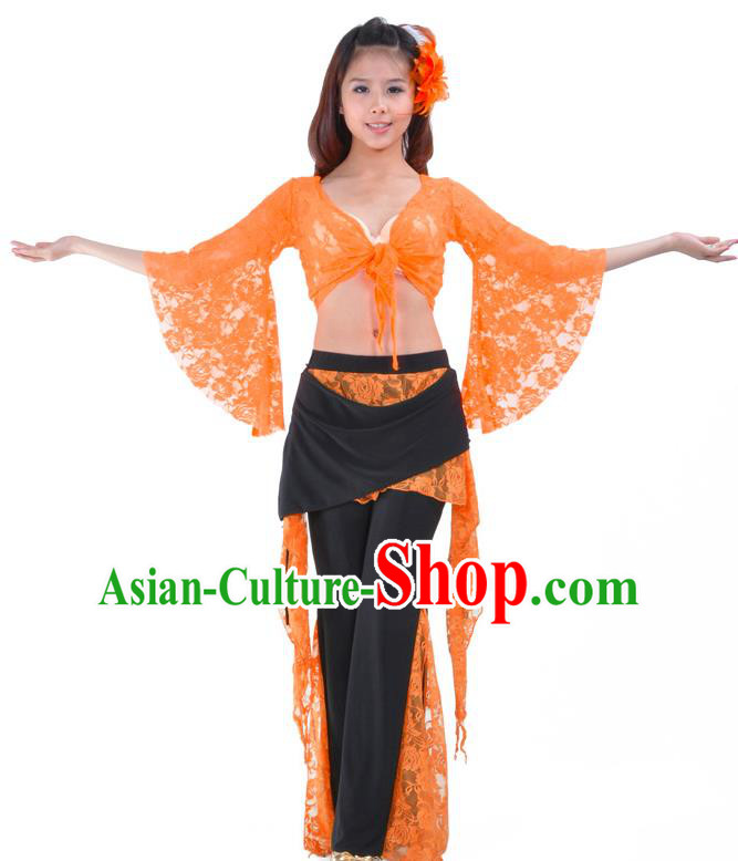 Indian Traditional Belly Dance Orange Lace Clothing Asian India Oriental Dance Costume for Women