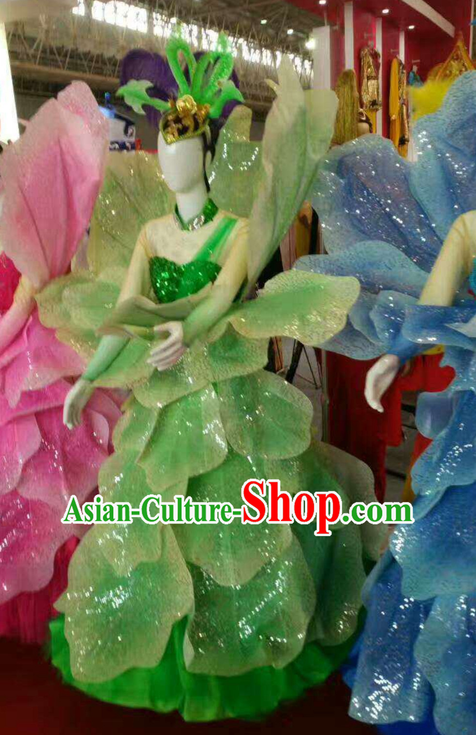 Green Chinese Classical Flower Dance Costume Dancing Costumes and Headpieces Complete Set for Women