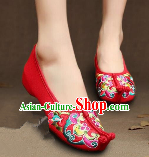 Asian Chinese Wedding Shoes Princess Shoes, Traditional China Handmade Hanfu Red Embroidered Shoes