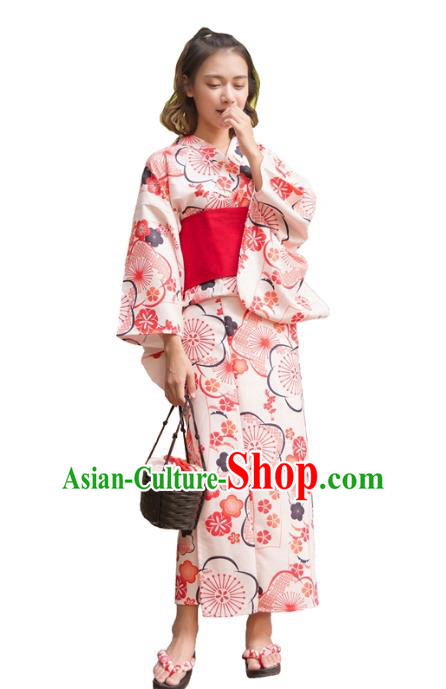 Asian Japanese Traditional Costumes Japan Kimono Printing Pink Bathrobe Clothing for Women