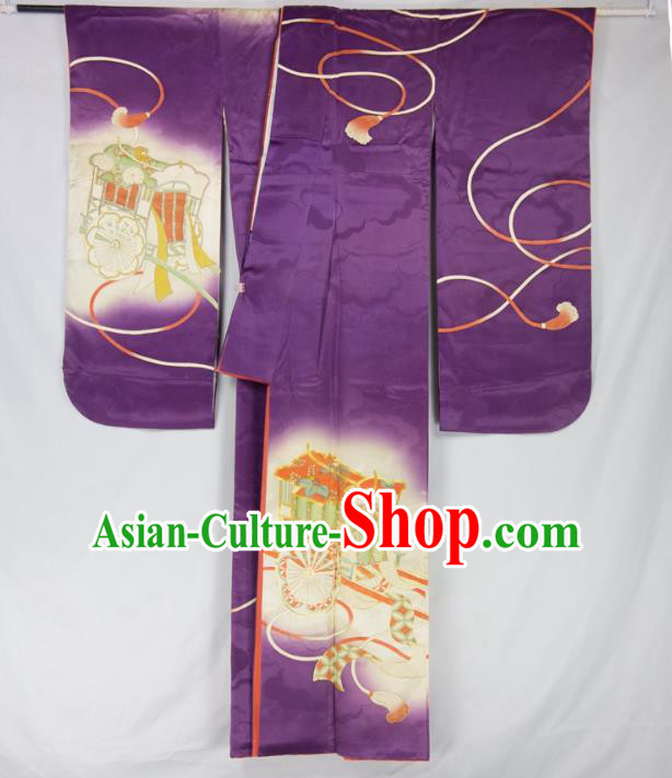 Asian Japanese Traditional Costumes Japan Furisode Kimono Yukata Purple Dress Clothing for Women