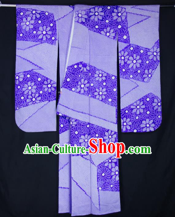 Asian Japanese Traditional Costumes Japan Furisode Kimono Yukata Printing Purple Dress Clothing for Women