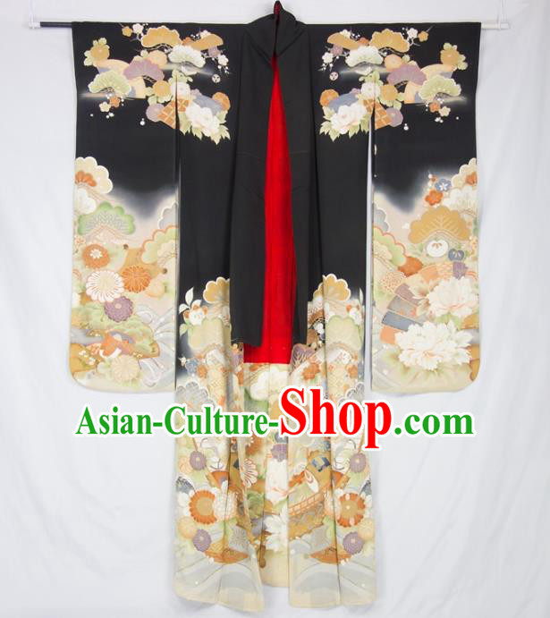 Asian Japanese Traditional Costumes Japan Furisode Kimono Yukata Embroidered Flowers Black Dress Clothing for Women