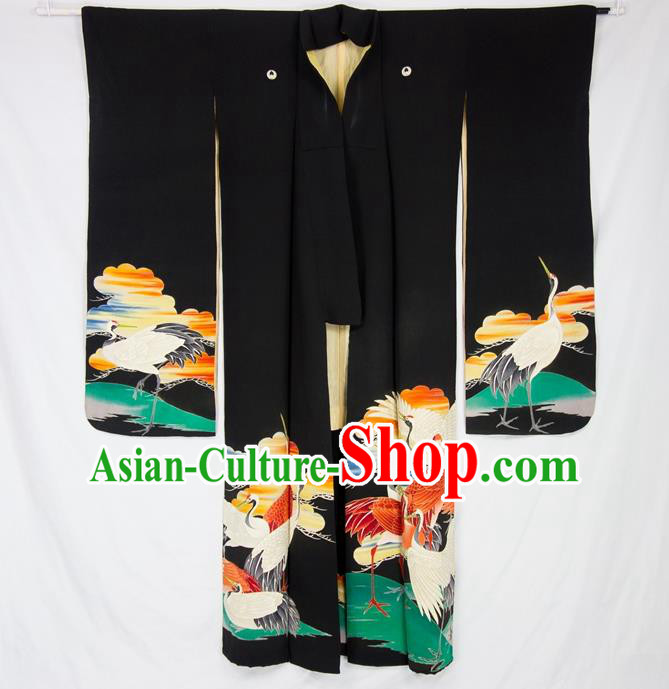 Asian Japanese Traditional Costumes Japan Furisode Kimono Yukata Embroidered Black Dress Clothing for Women