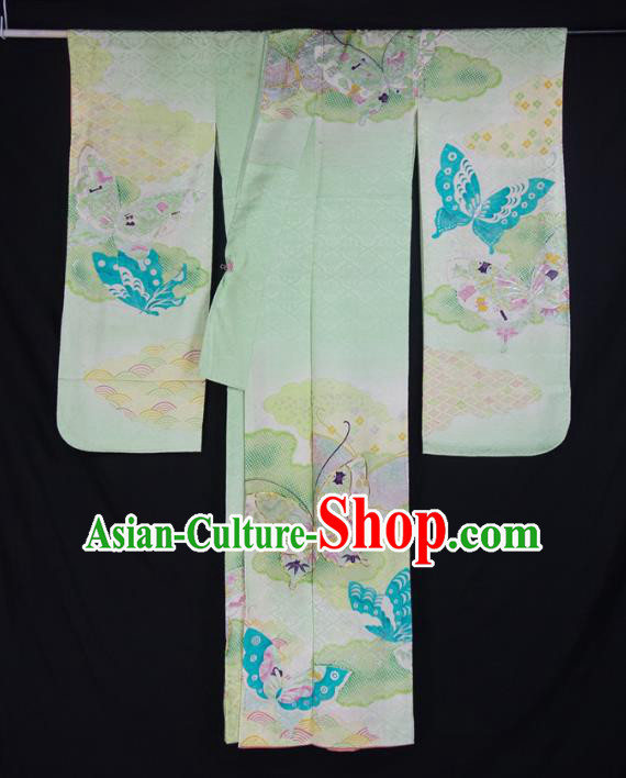Asian Japanese Traditional Costumes Japan Printing Butterfly Green Furisode Kimono Yukata Dress Clothing for Women