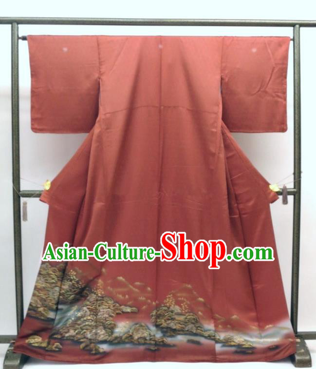 Asian Japanese Traditional Costumes Japan Printing Silk Furisode Kimono Yukata Dress Clothing for Women