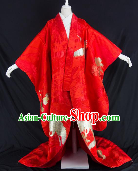 Asian Japanese Traditional Wedding Costumes Japan Embroidered Furisode Kimono Yukata Red Dress Clothing for Women