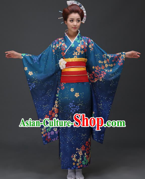 Asian Japanese Traditional Costumes Japan Printing Blue Furisode Kimono Yukata Dress Clothing for Women