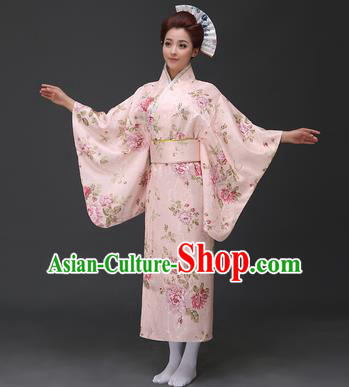 Asian Japanese Traditional Costumes Japan Printing Pink Furisode Kimono Yukata Dress Clothing for Women