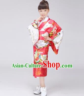 Asian Japanese Traditional Costumes Japan Printing Satin Furisode Kimono Yukata Red Dress Clothing for Kids