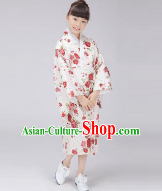 Asian Japanese Traditional Costumes Japan Satin Furisode Kimono Yukata Printing Rose Dress Clothing for Kids