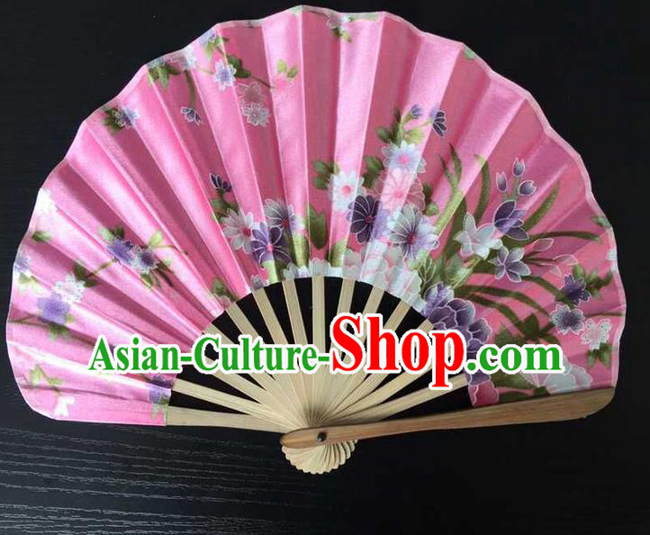 Asian Traditional Folding Fans Kimono Printing Pink Satin Fans Dance Fan for Women