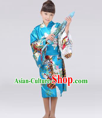 Asian Japanese Traditional Costumes Japan Satin Furisode Kimono Yukata Printing Blue Dress Clothing for Kids