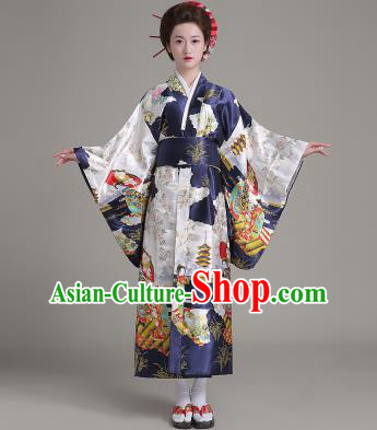 Asian Japanese Traditional Costumes Japan Satin Furisode Kimono Yukata Printing Navy Dress Clothing for Women