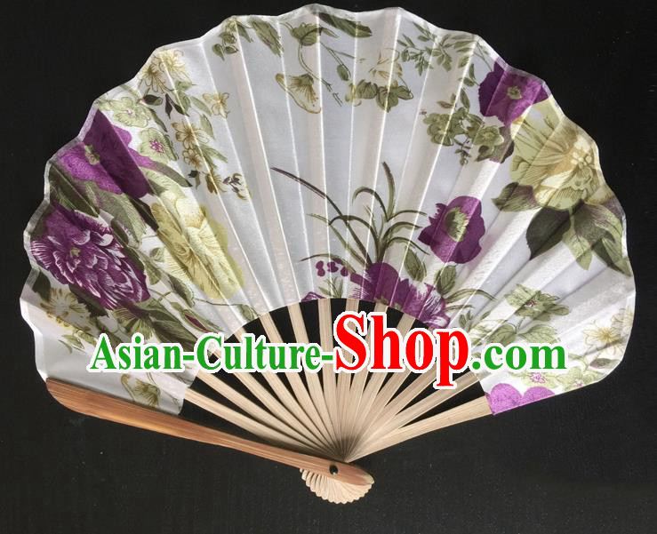 Asian Traditional Folding Fans Kimono Printing White Satin Fans Dance Fan for Women
