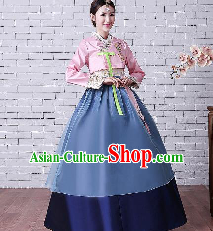 Asian Korean Dance Costumes Traditional Korean Hanbok Clothing Embroidered Pink Blouse and Navy Dress for Women