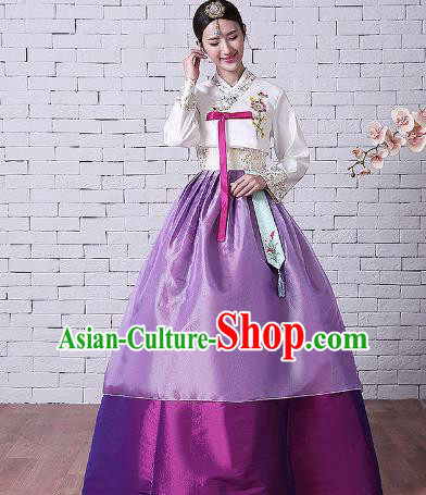 Asian Korean Dance Costumes Traditional Korean Hanbok Clothing Embroidered White Blouse and Purple Dress for Women
