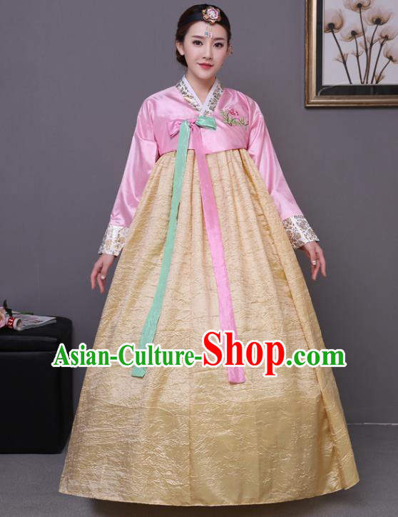 Asian Korean Dance Costumes Traditional Korean Hanbok Clothing Wedding Pink Blouse and Yellow Dress for Women