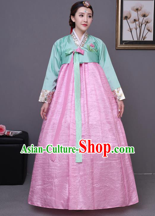 Asian Korean Dance Costumes Traditional Korean Hanbok Clothing Wedding Green Blouse and Pink Dress for Women