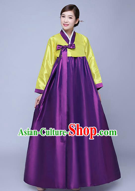 Asian Korean Dance Costumes Traditional Korean Hanbok Clothing Wedding Yellow Blouse and Purple Dress for Women