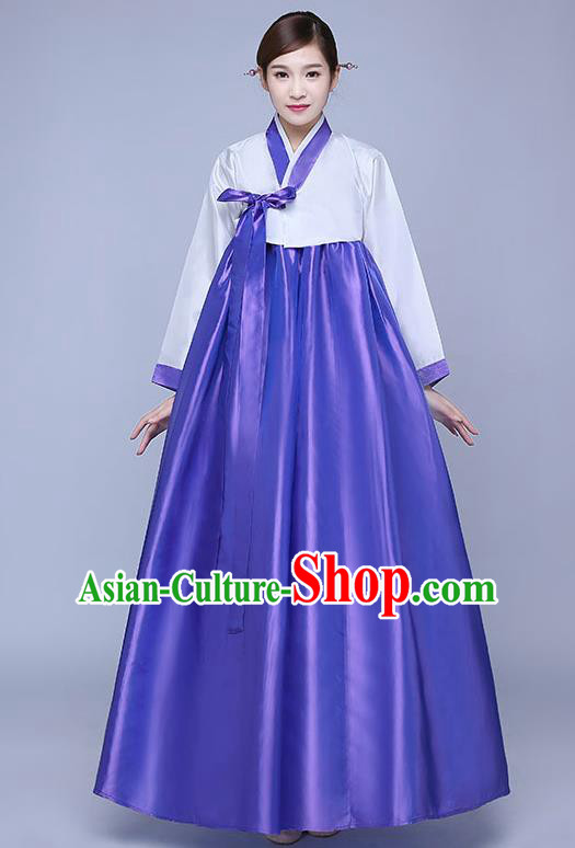 Asian Korean Dance Costumes Traditional Korean Hanbok Clothing Wedding White Blouse and Purple Dress for Women