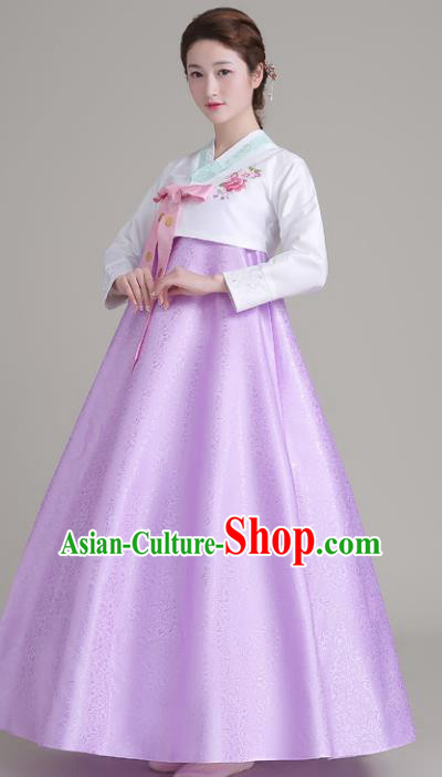 Asian Korean Court Costumes Traditional Korean Hanbok Clothing White Blouse and Lilac Dress for Women