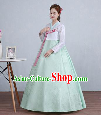Asian Korean Court Costumes Traditional Korean Hanbok Clothing White Blouse and Green Dress for Women